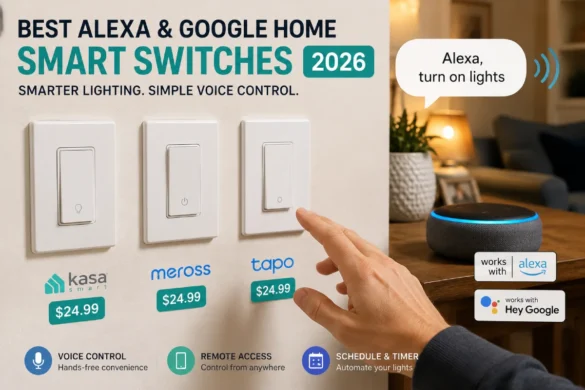 Best Alexa and Google Home compatible smart switches installed on wall with voice control demonstration and Alexa Echo device visible