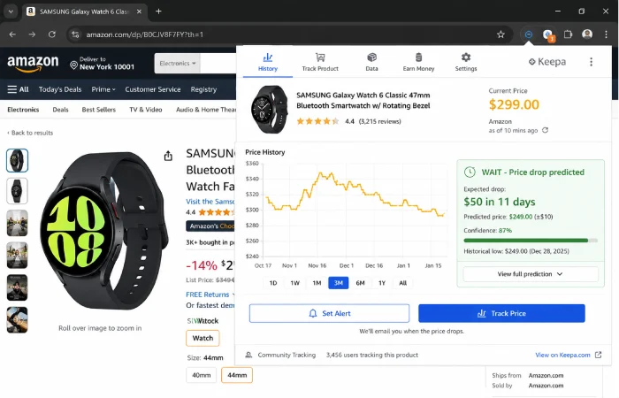 Amazon AI price tracker browser extension showing price history graph and prediction that Samsung Galaxy Watch will drop $50 in 11 days