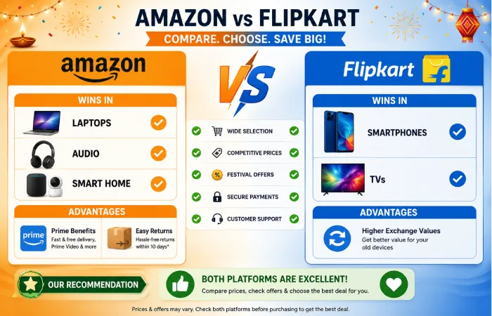 Amazon versus Flipkart festival sale comparison showing which platform offers better deals for smartphones, laptops, TVs, and electronics categories