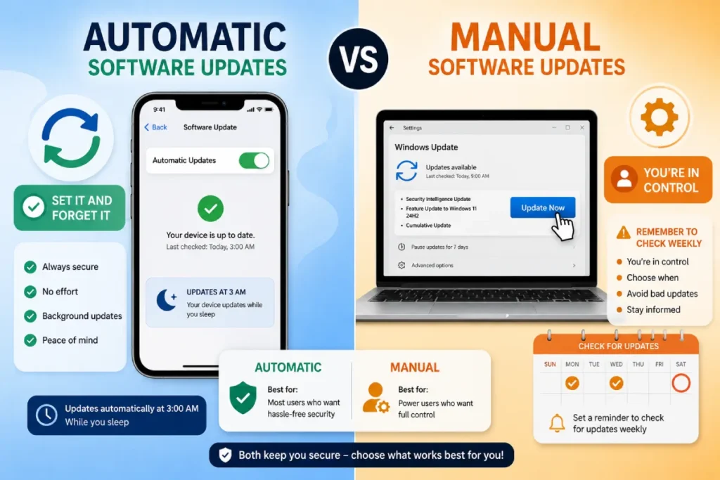 Visual comparison of automatic versus manual software updates showing