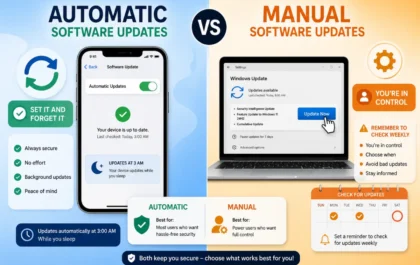 Visual comparison of automatic versus manual software updates showing
