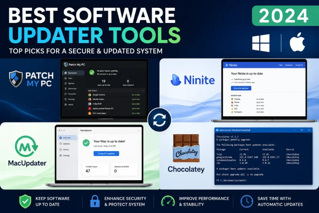 Comparison of best software updater tools showing Patch My PC