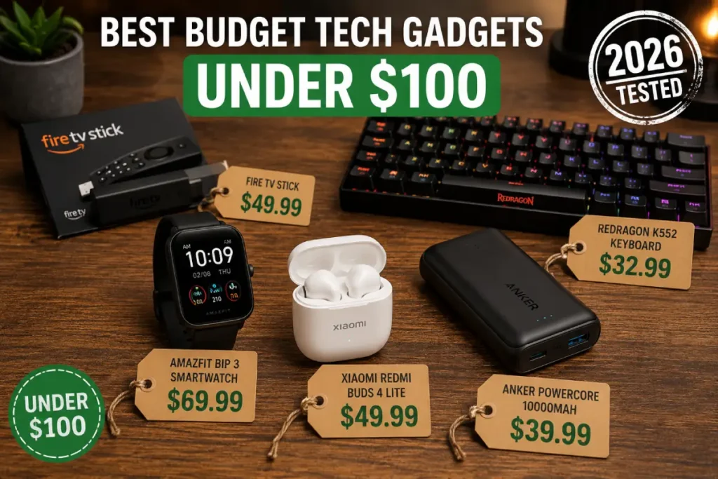 Best budget tech gadgets under $100 including Xiaomi earbuds, Amazfit smartwatch, Anker power bank and Fire TV Stick with price tags