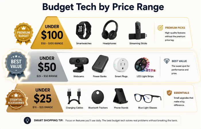Budget tech organized by price tiers - under $25, under $50, and under $100 with product examples and recommendations