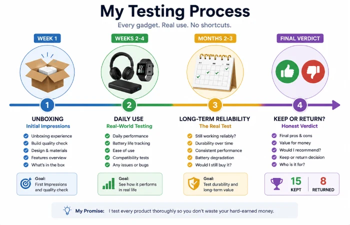 4-month testing timeline showing Week 1 unboxing, Weeks 2-4 daily use, and Months 2-3 long-term reliability testing