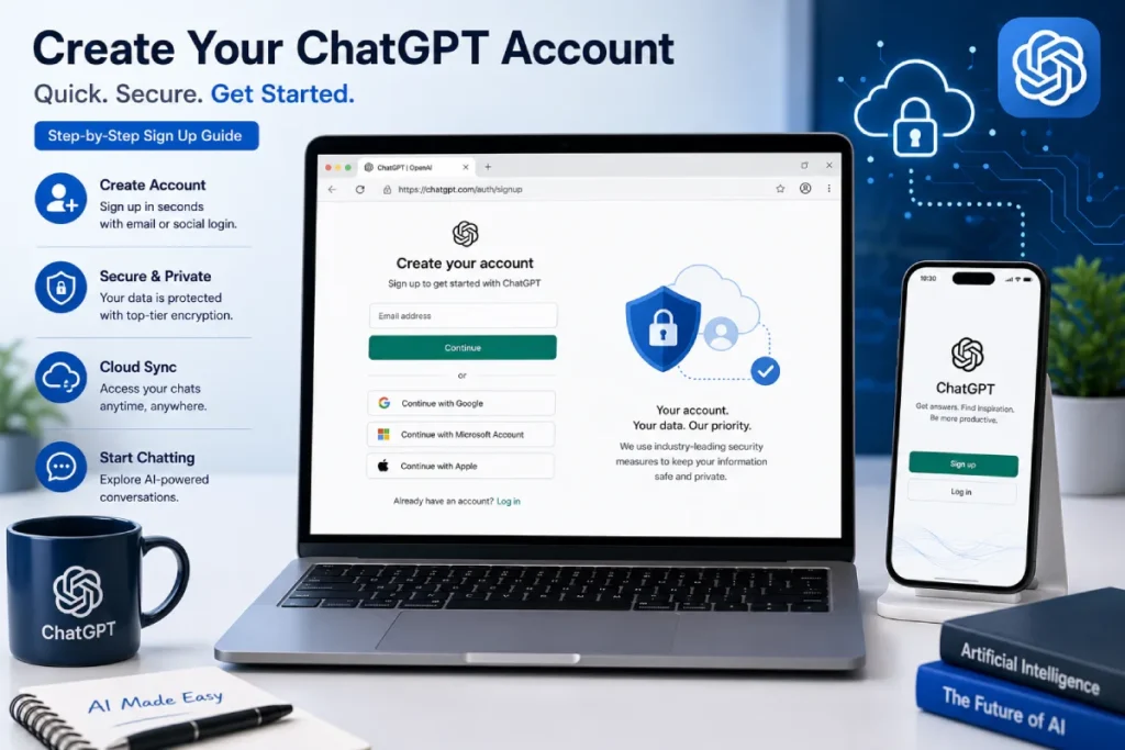 ChatGPT sign up guide showing desktop and mobile account creation