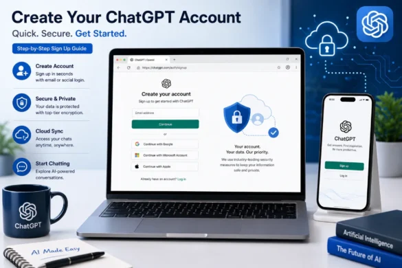 ChatGPT sign up guide showing desktop and mobile account creation