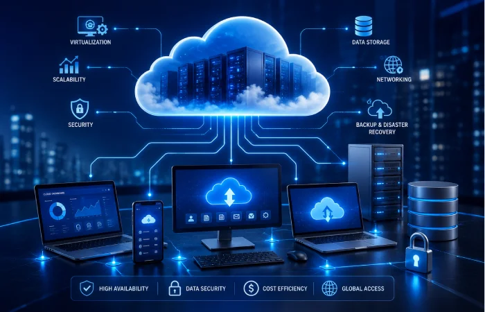 Cloud computing services infrastructure connecting users and business applications