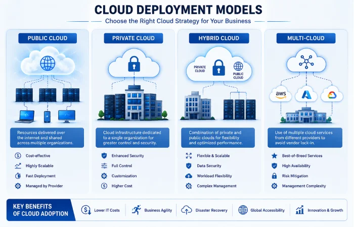 Public private hybrid and multi cloud deployment model comparison