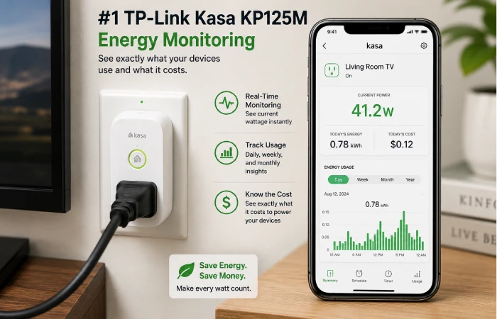 TP-Link Kasa energy monitoring smart switch showing real-time wattage display and kWh tracking on smartphone app