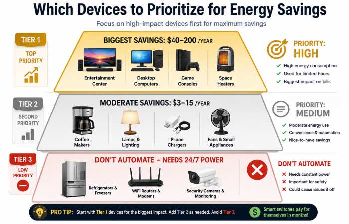 Three-tier priority guide for energy saving smart switches - Tier 1 high savings entertainment and computers, Tier 2 moderate, Tier 3 don't automate