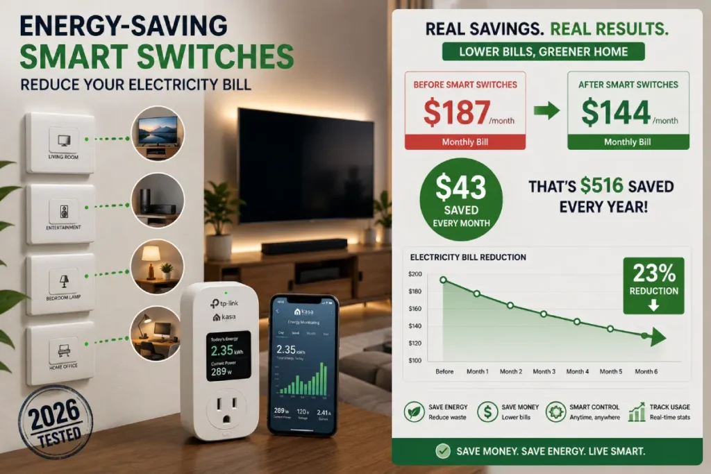 Energy saving smart switches installed in home with electricity bill showing $43 monthly savings and reduction graph