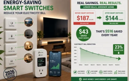 Energy saving smart switches installed in home with electricity bill showing $43 monthly savings and reduction graph