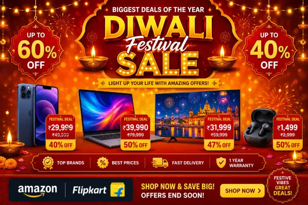 Festival gadget deals India showing smartphones, laptops, and electronics with Diwali sale discount tags and savings percentages on colorful background