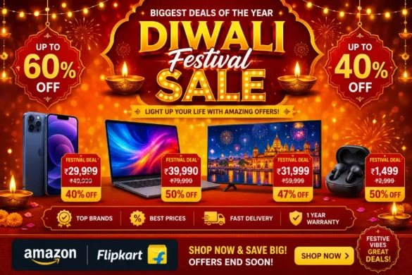 Festival gadget deals India showing smartphones, laptops, and electronics with Diwali sale discount tags and savings percentages on colorful background