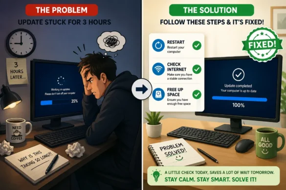 Frustrated person at computer with stuck software update progress bar showing troubleshooting solutions and checkmarks