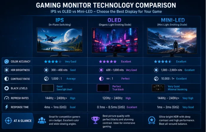 IPS versus OLED versus Mini-LED gaming monitor comparison