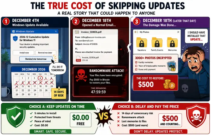Illustration of personal ransomware attack showing encrypted files and $500 recovery cost from delaying Windows security update by 14 days