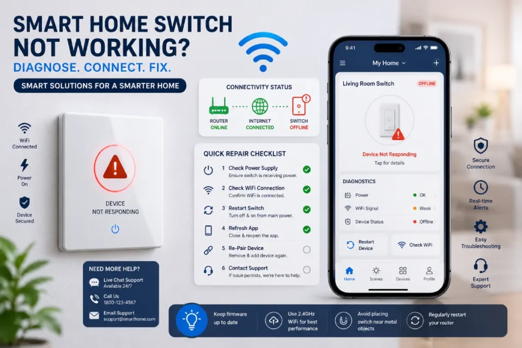 Smart switch troubleshooting guide showing common problems and solutions