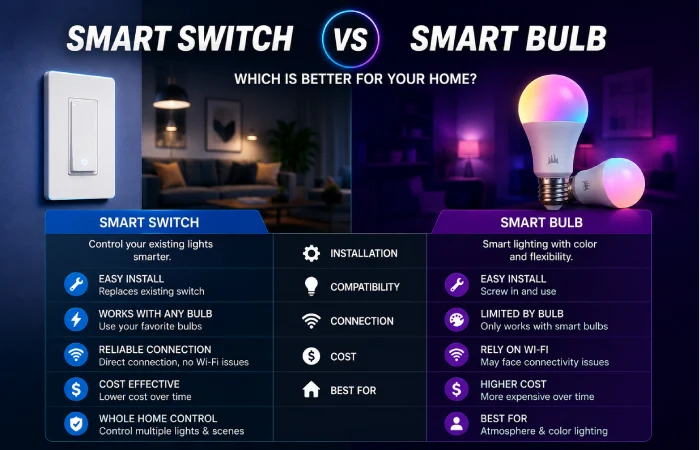 Smart switch versus smart bulb comparison for home lighting