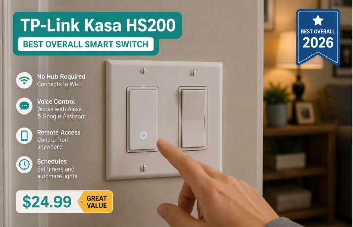 TP-Link Kasa smart switch installed on home wall next to traditional switch showing size comparison and clean installation