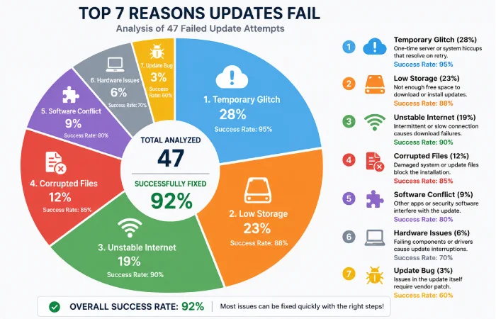 Pie chart showing update failure causes - 28% temporary glitches, 23% low storage, 19% unstable internet, 30% other issues