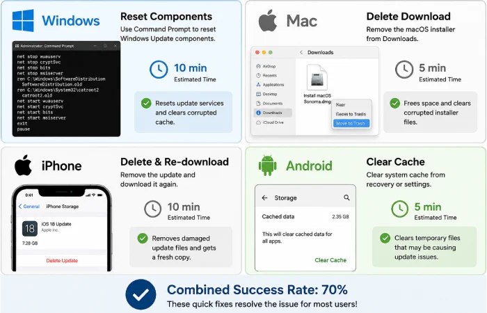 Platform-specific update solutions showing Windows reset components, Mac delete download, iPhone re-download, Android clear cache