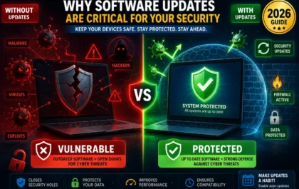 Illustration showing software update protecting computer from cyber threats with security shield blocking malware and hackers
