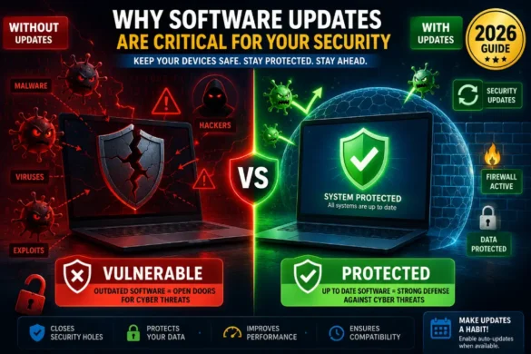 Illustration showing software update protecting computer from cyber threats with security shield blocking malware and hackers
