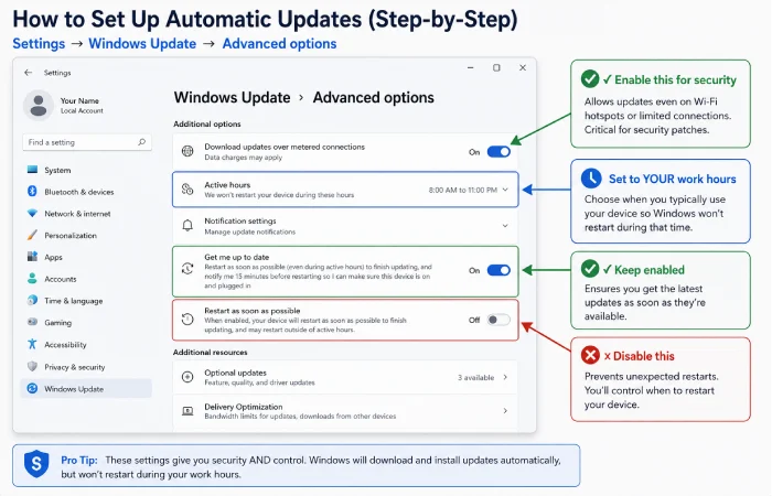 Windows 11 automatic update settings screen showing recommended configuration with Active Hours and download options