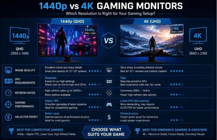 1440p versus 4K gaming monitor comparison showing resolution and performance differences