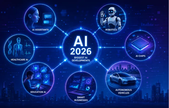 Infographic showing the biggest artificial intelligence news and trends in 2026.