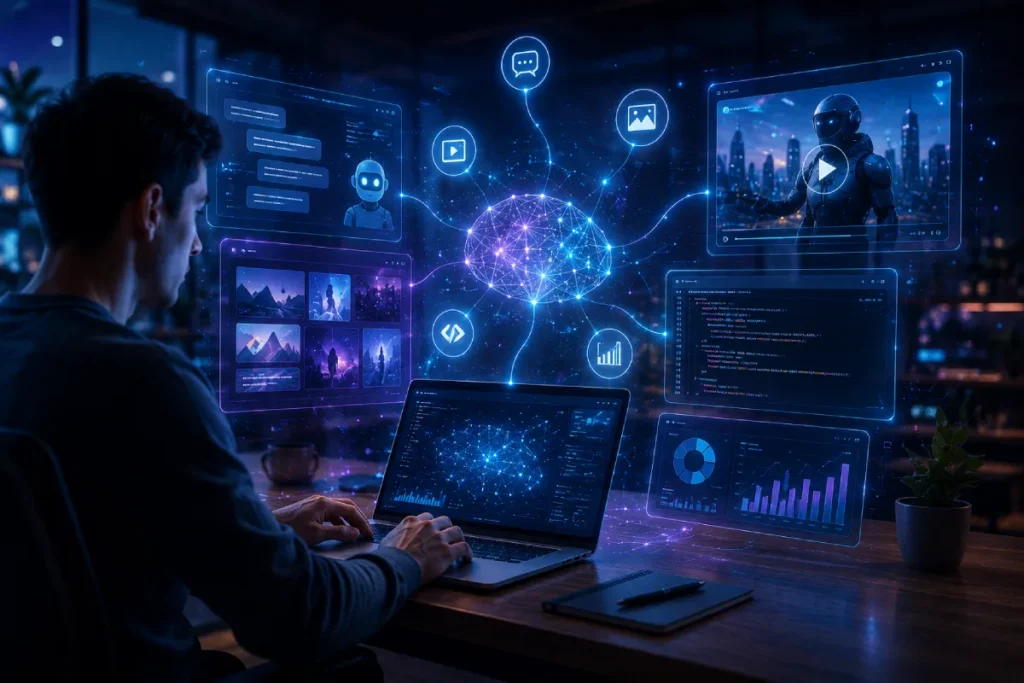 Modern illustration showing the latest generative AI tools and technology trends.