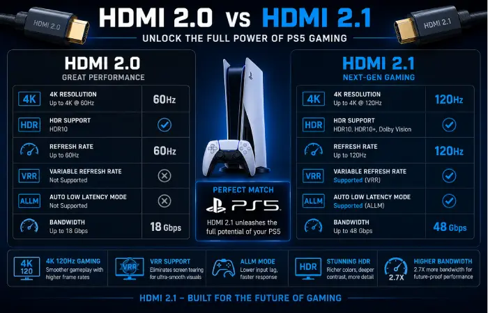 HDMI 2.1 comparison showing benefits for PlayStation 5 gaming monitors