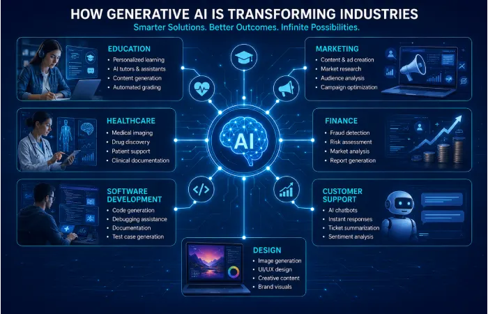 Examples of how generative AI is used across different industries.