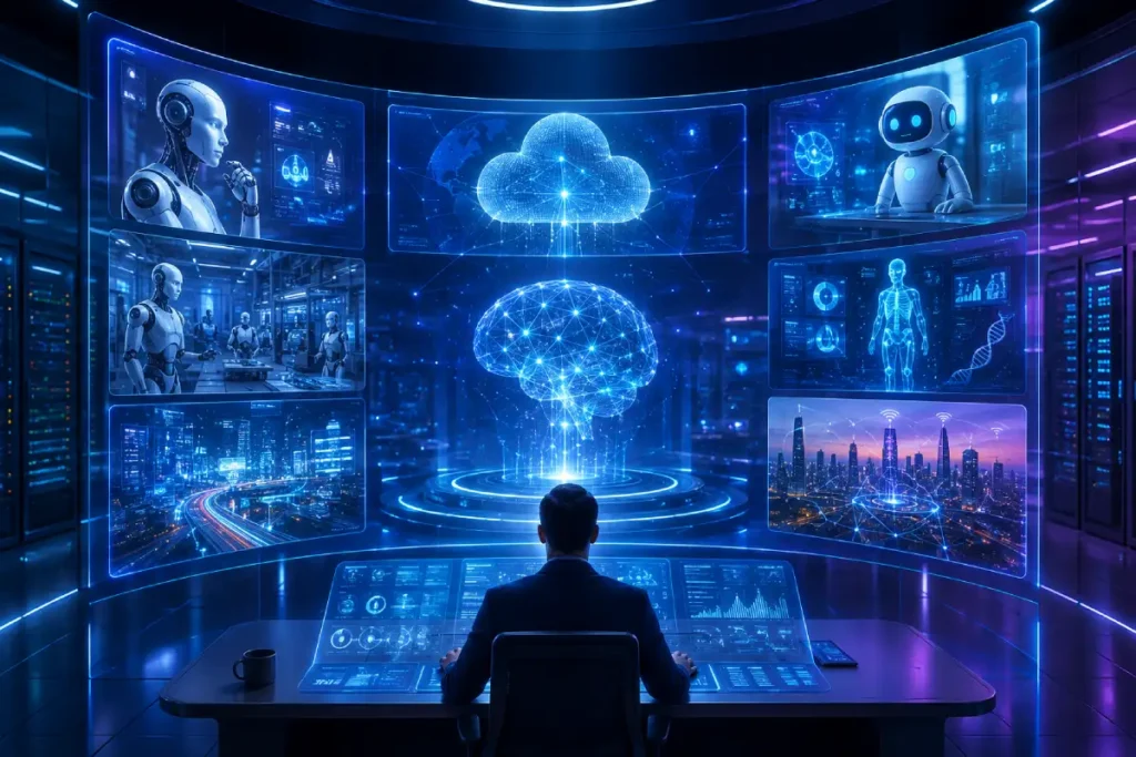 Latest artificial intelligence news showing AI technology, robots, and digital innovation.