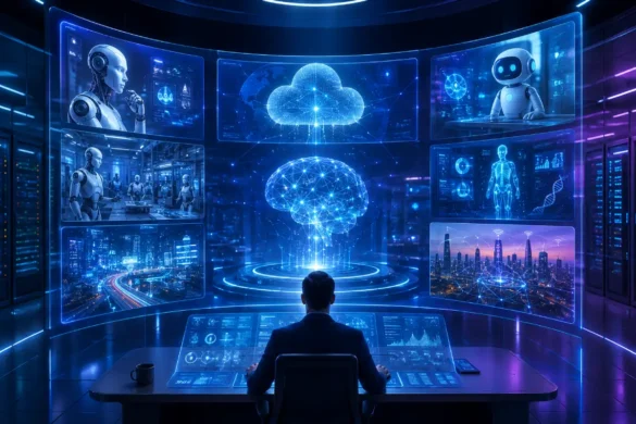 Latest artificial intelligence news showing AI technology, robots, and digital innovation.