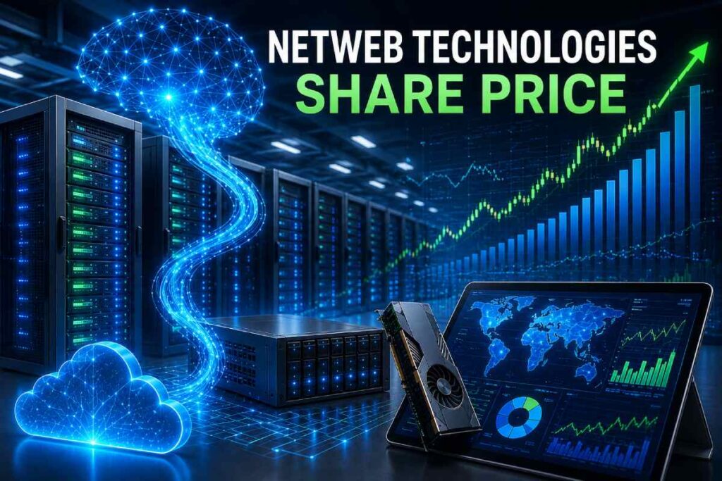 Netweb Technologies share price concept showing AI infrastructure, enterprise servers, financial analytics, and high-performance computing.