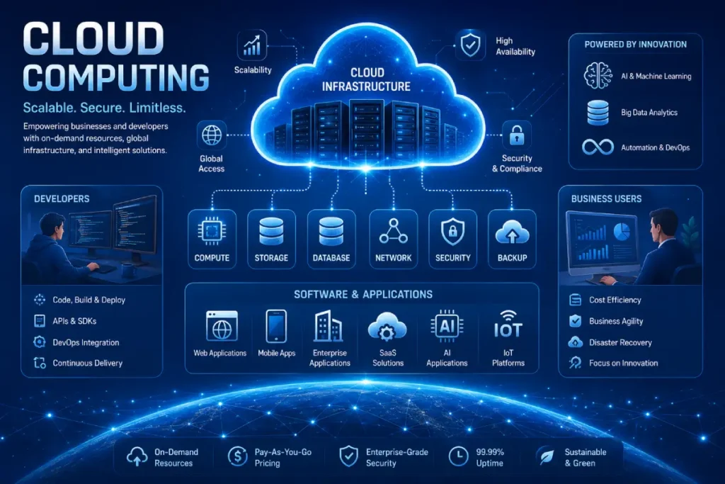 Types of cloud computing services including IaaS, PaaS, and SaaS