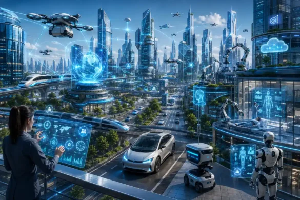 Futuristic illustration showing the top AI technology trends shaping 2026.