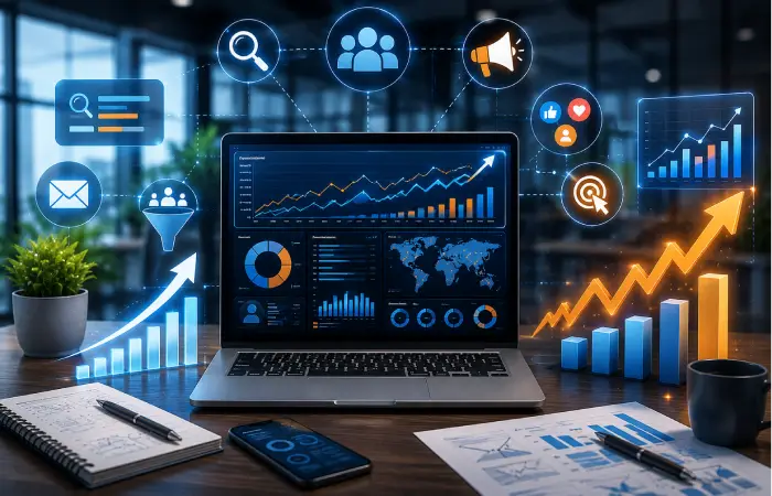 Business growth through digital marketing including SEO, PPC, social media, and lead generation.