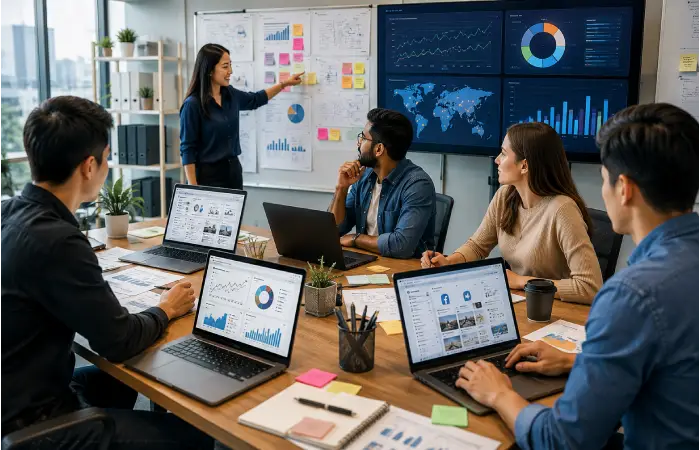 Professional digital marketing agency team planning SEO, PPC, and social media strategies.