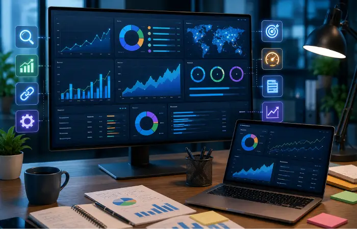 Search engine optimization dashboard showing keyword research, rankings, and website analytics.