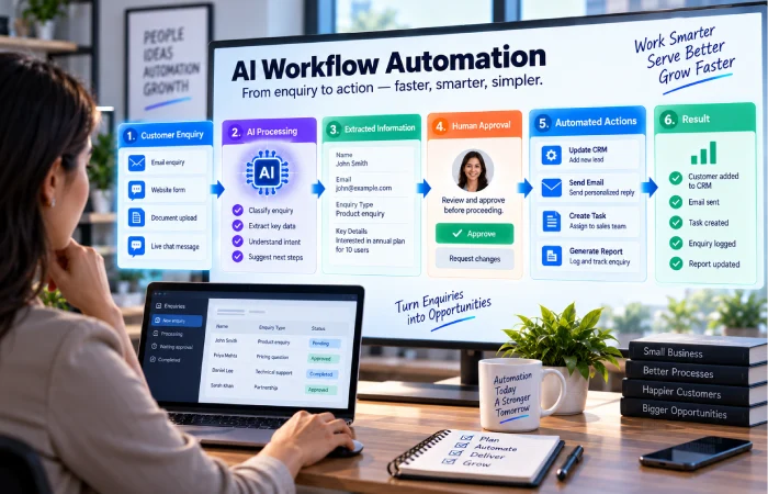 AI automation workflow for small business connecting enquiries CRM email documents and reports
