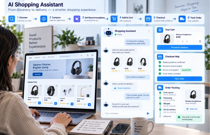AI ecommerce chatbot helping shoppers find products track orders and get support