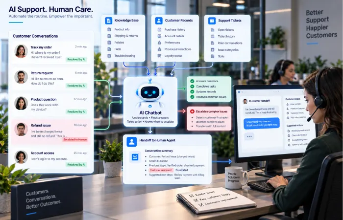 AI customer service chatbot answering questions and escalating complex requests to a human agent