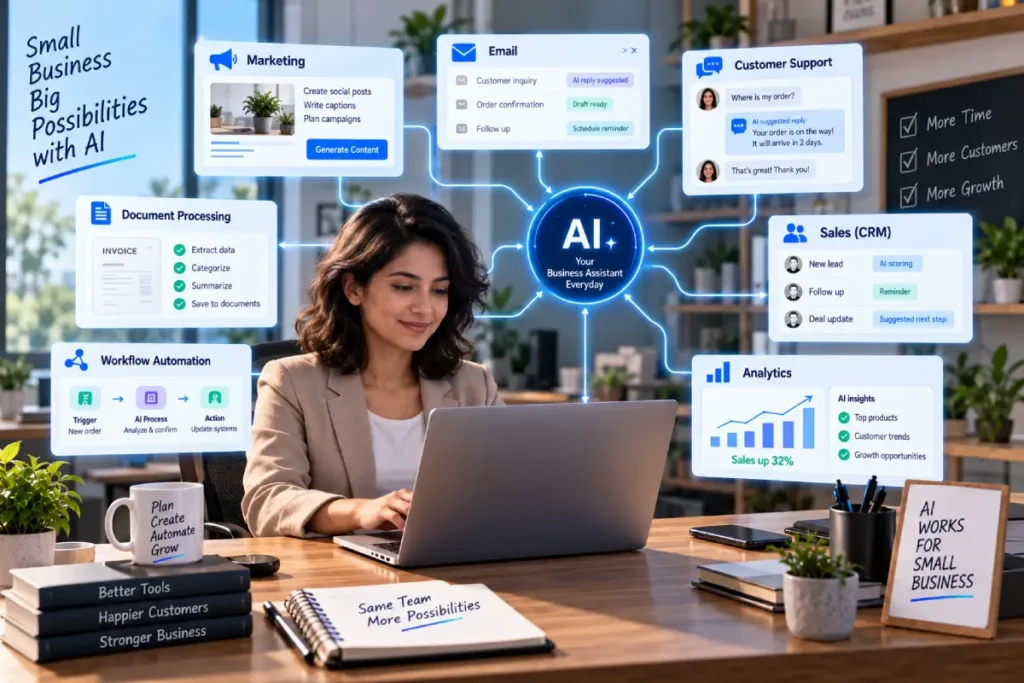 AI for small business helping with marketing customer service automation and productivity