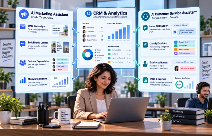 AI marketing and customer service tools helping a small business manage campaigns and customer enquiries
