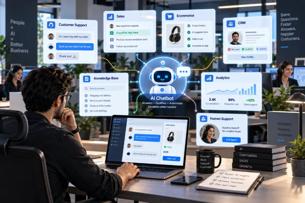 AI-powered chatbot helping a business with customer service sales and automation