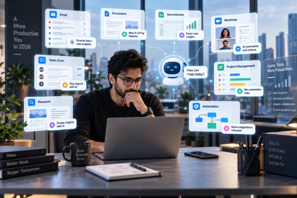 AI productivity tools updates showing modern workplace software and AI assistants